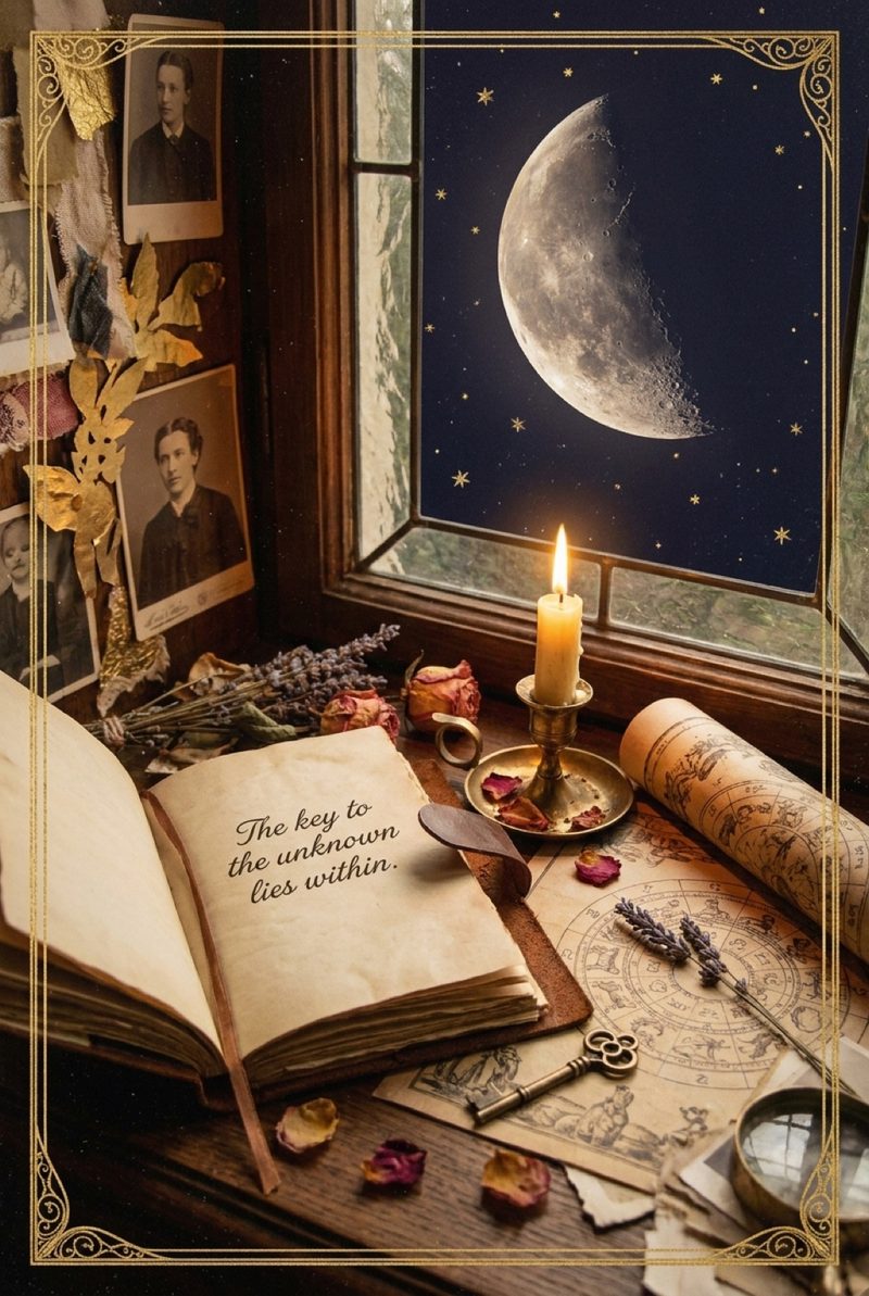 A candlelit windowsill at night: an open journal, dried roses, astrology charts, a brass key and a crescent moon in a starry sky.