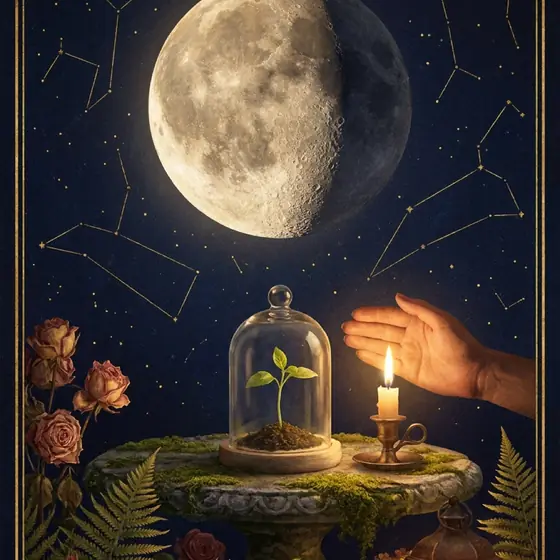 A glass cloche and candle beneath a bright moon