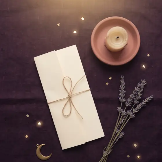 A letter and lavender beside a crescent moon