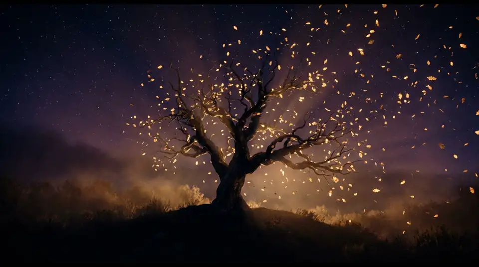 A night sky over a tree with glowing golden leaves