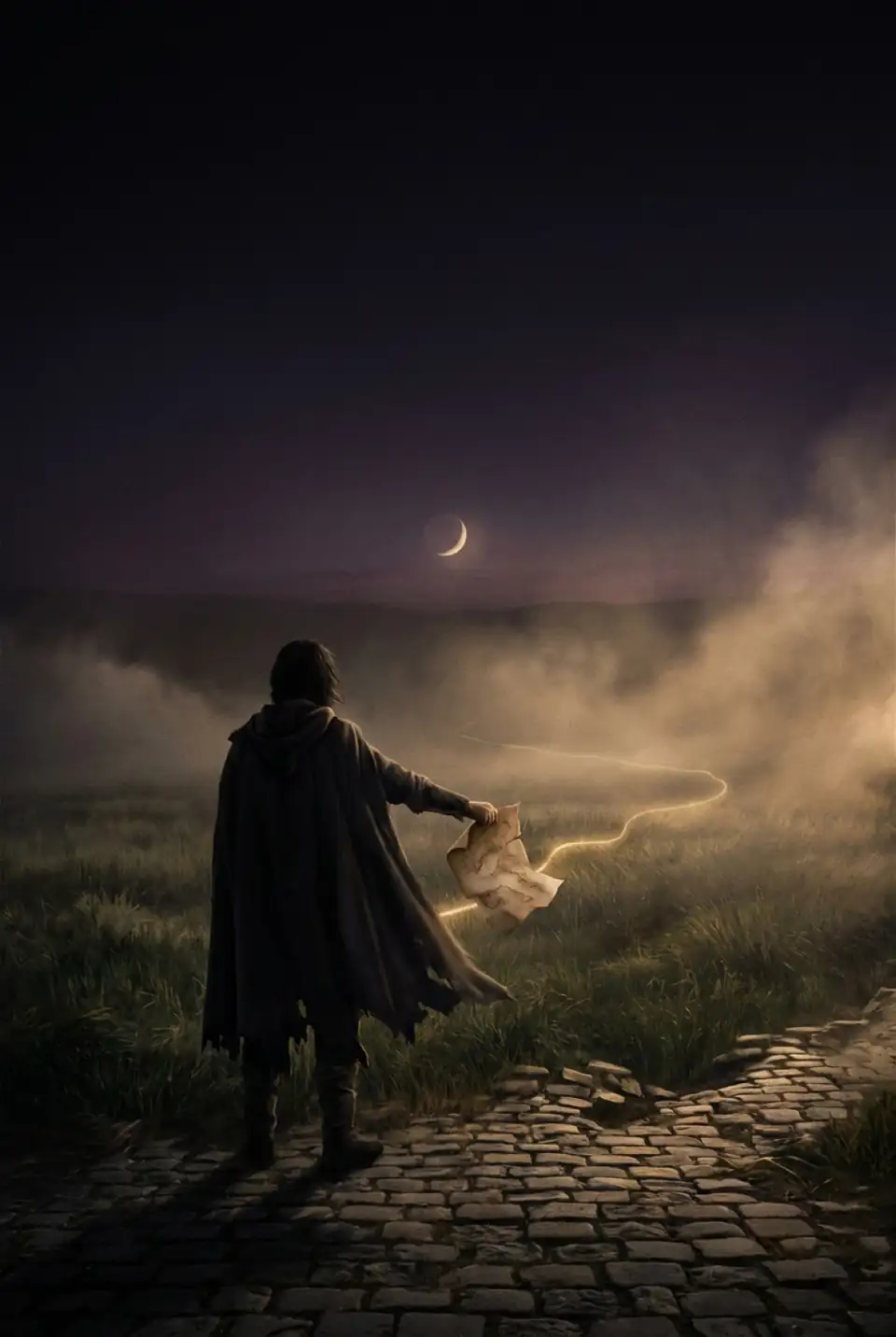 A cloaked figure on a moonlit path beneath a crescent moon